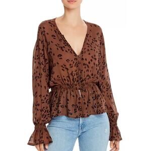 Cloth & Stone Black & Brown Animal Print V-Neck Peplum Blouse Women's XS